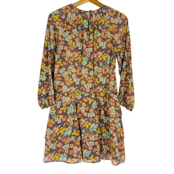 Veronica Beard Abanu Multicolored Floral Tiered 3/4 Sleeve Keyhole Mini Dress 2 - Picture 3 of 11